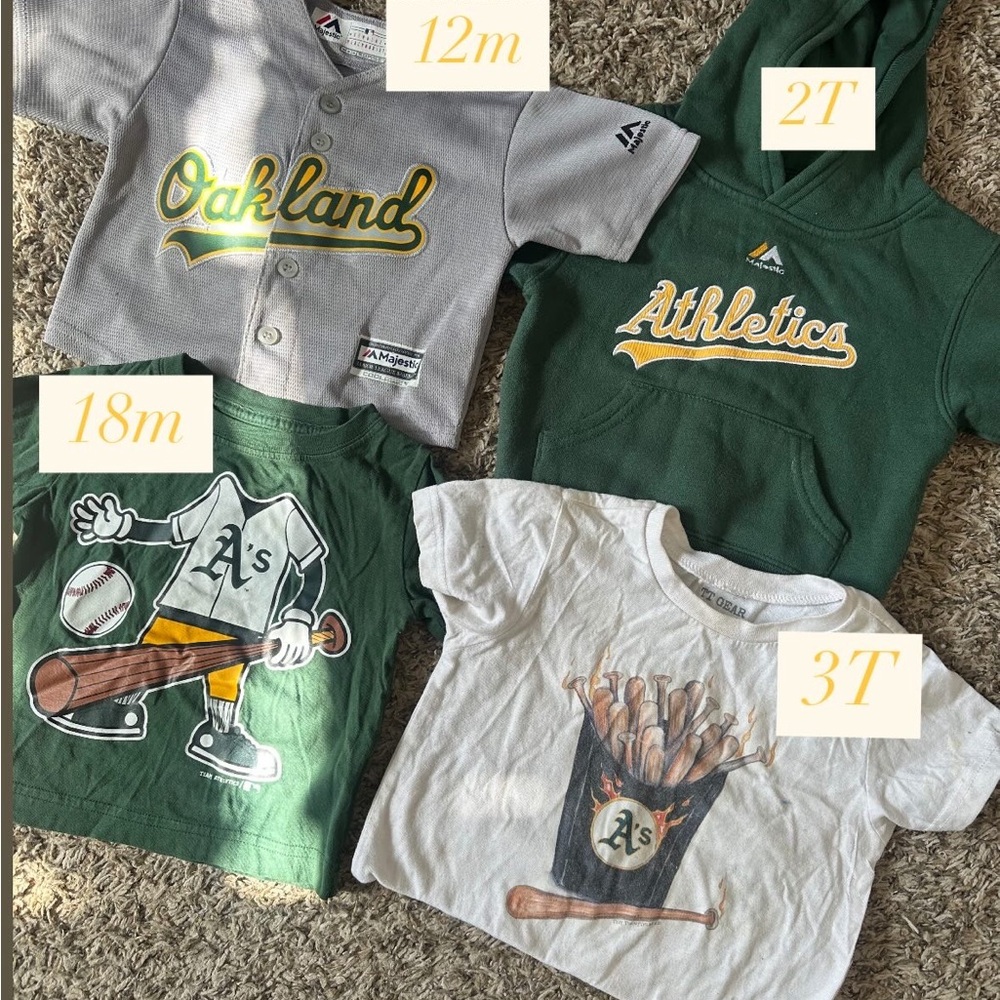Oakland A’s toddler gear. 

Sizes are on the photo.